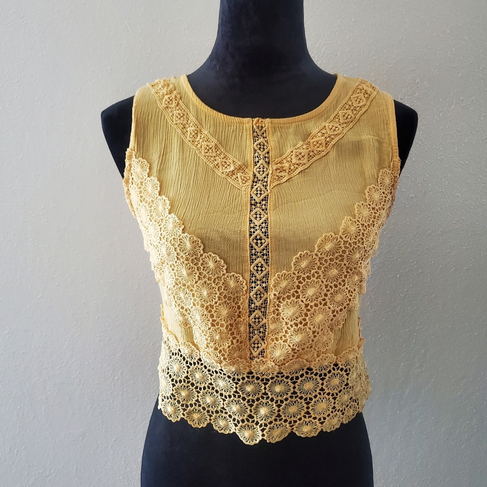 Yellow Boho Crochet Lace Feminine Cottagecore Romantic Sleeveless Crop Top